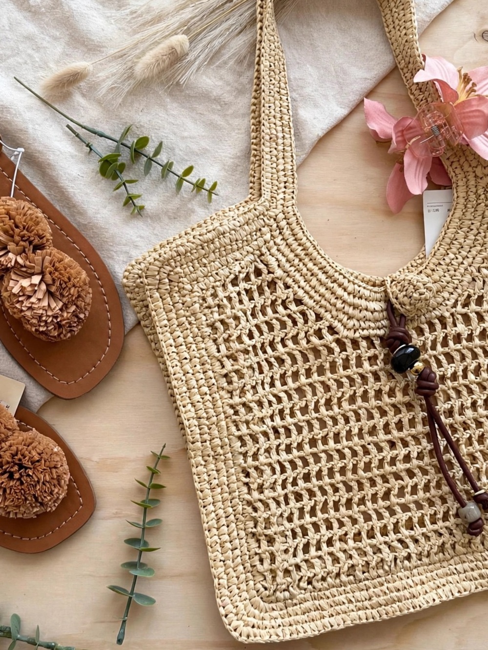 Summer Boho Set - Raffia Pom Pom Sandals + Large Straw Beach tote